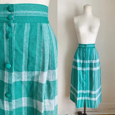 Vintage 1970s Kelly Green & White Plaid Woven Cotton Skirt / M 