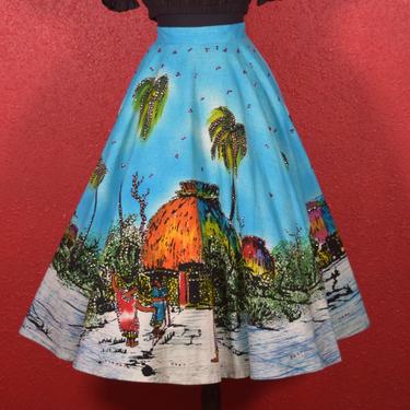 1950s Mexican Hand Painted Circle skirt Yucatan Print Large 