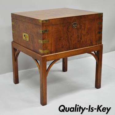 Burl Wood &amp; Brass English Campaign Style Trunk Chest Box on Table Stand