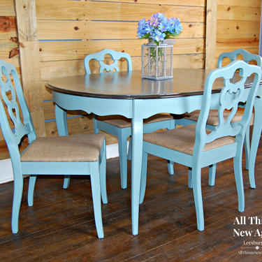 Dining Table and 4 Chairs | Dining Set | Painted Vintage Duck Egg Blue | Stained Top | French Country Dining Set | Shabby Chic Dining Set 
