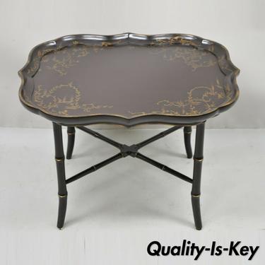Faux Bamboo Georgian Style Brown Lacquer Scallop Tray Top Coffee Cocktail Table