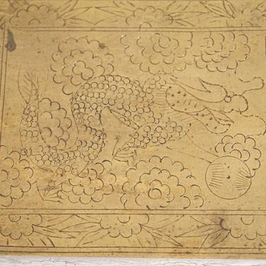 Vintage Brass &amp; Cedar Dragon Etched Cigarette Box | Asian Motif Jewelry/Trinket/Treasure Box | Chinese Tobacciana Humidor Box 