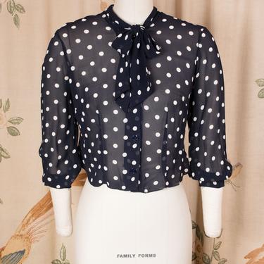 1950s Blouse - The Cairy Blouse - Sheer Vintage 50s Navy Blue Blouse with Polka Dots, Kitten Bow and Three Quarter Sleeves 
