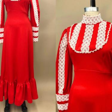 Vintage 1970s Red Prairie Double Poly Knit Maxi Dress, Vintage Renaissance Dress, 70s Cottage Prairie, Vintage Romanticism, Size Medium by Mo