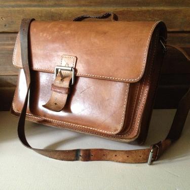 Brown Leather Satchel Bag Crossbody Briefcase By Ruitertassen Belgium, Long Strap, Brass Buckle Front, Top Handle 