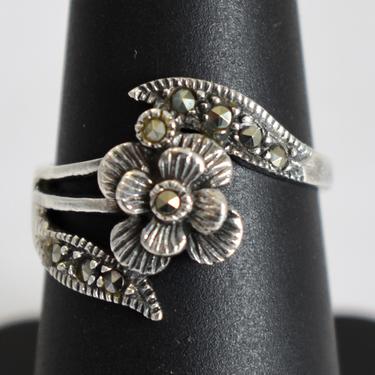 Dainty 80's 925 silver marcasite size 6.75 Art Deco style flower ring, oxidized sterling pyrite asymmetrical floral ring 