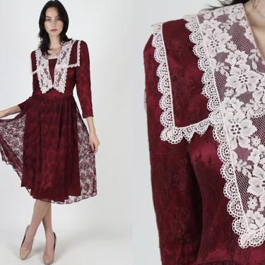 80s Burgundy Gunne Sax Dress / 1980s Romantic White Floral Lace Dress / Vintage Maroon Gothic Flapper Dress / Old Fashion Deco Style Dress 