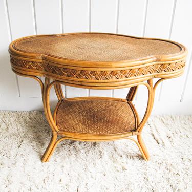 Danish Style Vintage Woven Side Table with Bottom Shelf 