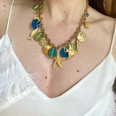 Beautiful Vintage Gold Shell & Fish Charm Statement Necklace with  Blue & Green Glass Details