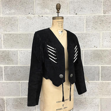 Vintage Cropped Leather Jacket Retro 1980s Pioneer Wear + Genuine Leather + Size Medium + Black + Concho + Beaded + Women's Apparel 