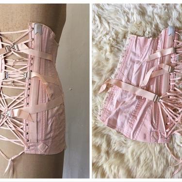 vintage 40s blush pink CAMP corset - pink cotton damask corset / 1930s 40s underbust corset, vintage corset / lace up bustier 