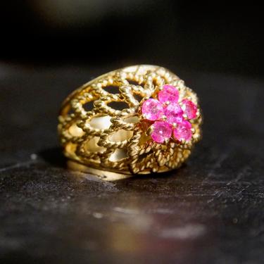 Vintage 14K Gold &amp; Pink Ruby Dome Ring, Woven Yellow Gold Estate Ring With Pink Stone Flower Design, Gorgeous 14K Cocktail Ring, Size 6 US 