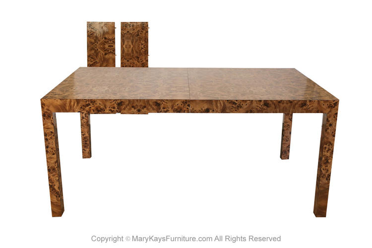 Mid Century Burl Wood Parsons Dining Table in the Style of Milo Baughman 