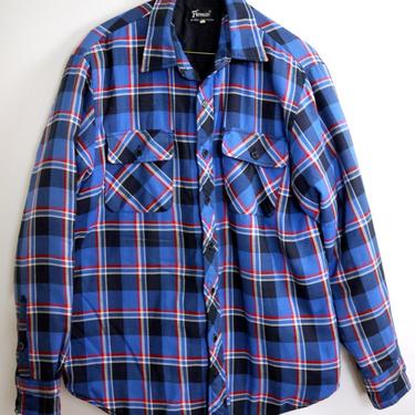 Blue Plaid Quilted Flannel Button Down Work Shirt Jacket 