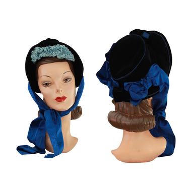 Victorian Cerulean Blue Bonnet - Victorian Blue Velvet Bonnet - Victorian Blue Hat - Victorian Womens Hat - 1800s Blue Hat - 1800s Hat 