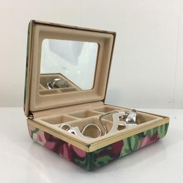 Vintage Travel Jewelry Box Fabric Earring Ring Case Floral Flower Pastel Flowers Pink Gold Mirror Hard Clamshell Retro Necklace Storage 70s 