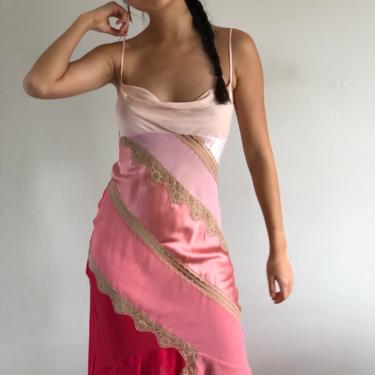 90s patchwork silk long slip dress / vintage silk blush pink charmeuse chiffon lace bias cut flowy tea length slip dress | M L 