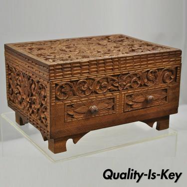 Large Vintage Hand Carved Teak Wood Thai Jewelry Storage Box