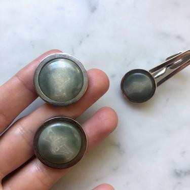 Vintage Pioneer Silver-tone and Marbled Green and White Acrylic Men's Cufflinks and Tie Clip | Vintage Cufflinks and Tie Clip 