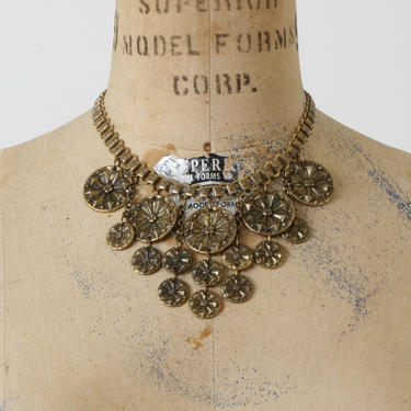 rare vintage 1940s Monét necklace • brass bib statement necklace • victorian revival with book chain 