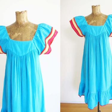 Vintage Gauze Cotton Colorblock  Mexican Sundress S - Turquoise Blue Pink Yellow Flowy Peasant Dress - Bright Tropical Vacation Dress 