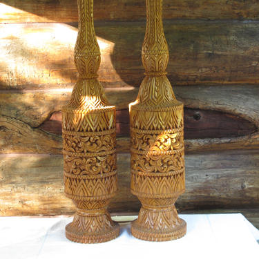 PAIR of Mid Century Table Lamps Hand Carved Set Teak Wood Lamp Bohemian Large Table Lamp Polynesian Tiki Tiki Lamp Retro 50's 60's Wood Lamp 