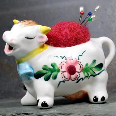 Sweet Little Cow Pin Cushion - Upcycled Vintage, Small Ceramic Cow Creamer Turned Pin Cushion - Handmade  | FREE SHIPPING 