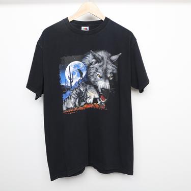 vintage 1990s WOLF & moon BLACK vintage men's t-shirt -- size large 