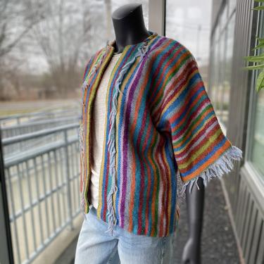 Avoca / Carol Brown Vintage 1970s Handwoven Short Sleeve Irish Tweed Jacket Unisex One Size 70s Groovy Hippie Colorful Rainbow Wool Vermont 