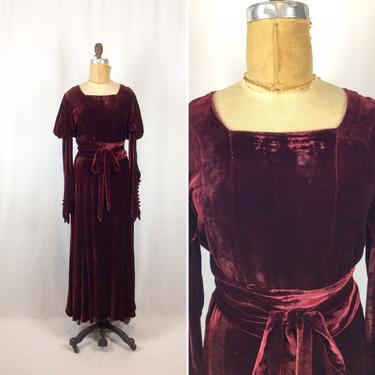 Vintage 30s dress | Vintage deep red velvet dress | 1930s burgundy silk velvet  evening gown 