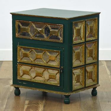 Green Painted Mirrored Nightstand W/ Cabinet 