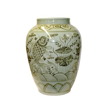 Gray Off White Flowers Fishes Graphic Fat Round Ceramic Vase ws1139E 