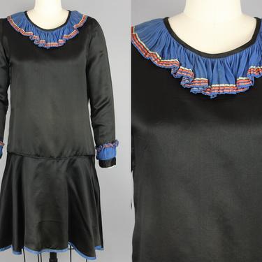 1920s Silk Dress with Ruffle Trim · Vintage 20s Black & Blue Drop Waist Dress · Extra Small 