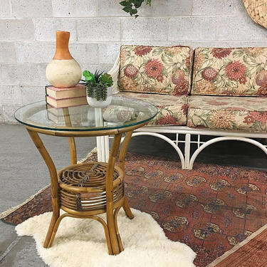 LOCAL PICKUP ONLY Vintage End Table Retro 1980s Bent Rattan Base with Round Glass Top + One Shelf + Indoor + Outdoor Table + Boho Home Decor 