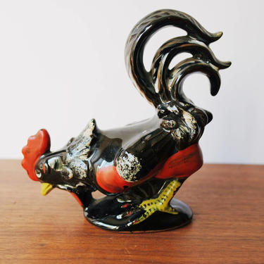 Black Painted Rooster Figurine | Painted Chicken Figurine | Vintage Chicken Figure | Vintage Farm Decor 
