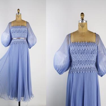 70s Miss Elliette Balloon Sleeves Maxi Dress /Vintage Pleated Dress/ Lilac Dress / Cocktail Dress /Bridesmaids Dress/Off Shoulder/ Size XS/S 