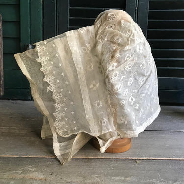 Antique French Lace Bonnet, Tulle Lace, Organza, Embroidery, Period Textile, Clothing 