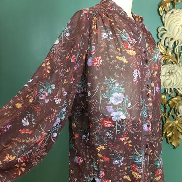 1970s blouse, vintage tunic, brown floral blouse, botanical print, medium large, sheer cotton, dolman sleeve, hippie shirt, bohemian style 