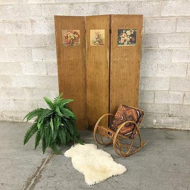 Vintage Wood Room Divider Retro 1970's Tall Hinged Panels with Floral Images LOCAL PICKUP ONLY 