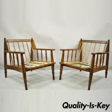 Mid Century Spindle Back Oak Wood Danish Style Lounge Club Chairs - a Pair