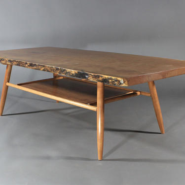 Custom live edge cherry slab coffee table with shelf Mid Century Modern Nakashima McCobb Wegner Style 