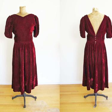 Vintage 80s Lanz Burgundy Red Velvet Dress S M - Open Backless Dress - Vintage Holiday Party Christmas Dress - Puff Sleeve - 80s Clothing 