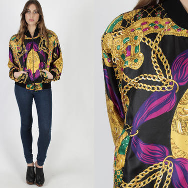 Vintage 1990s Gold Chains Satin Jacket / Colorful Shiny 90s All Over Print Jacket / Abstract Pop Art Black Zip Up Bomber Coat 