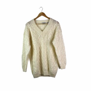 Vintage White Chunky Cable Knit Mohair Blend V Neck Sweater, M 