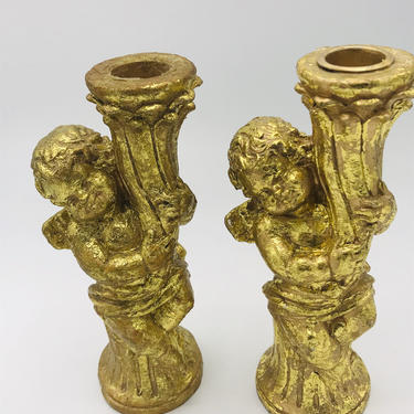 Vintage Pair of Gold Candle Stick Musical Angels -7 inches High- Holiday Decoration 