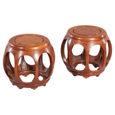 Pair of Chinese Melon-Form Hardwood Stools, Drinks Tables