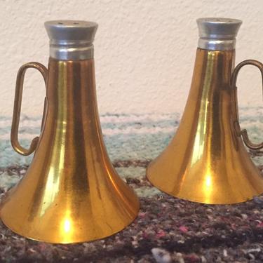 Vintage Gold Trumpet Style Aluminum Salt and Pepper Shakers 