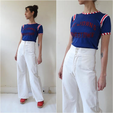 Vintage White Cotton Sailor Trousers/ High Waisted Button Fly Navy Uniform Pants/ Wide Bell Cropped/ Size 29 