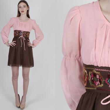 70s Dirndl Floral Embroidered Dress / Romantic Puritan Style Corset Dress / Pink Brown Cross Stitch Embroidered Waistband 