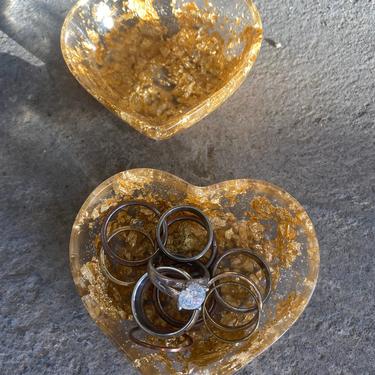 Resin Gold Leaf Crystal Filled Heart Catchall Card Holder Jewelry Ring Holder Tealight Holder 